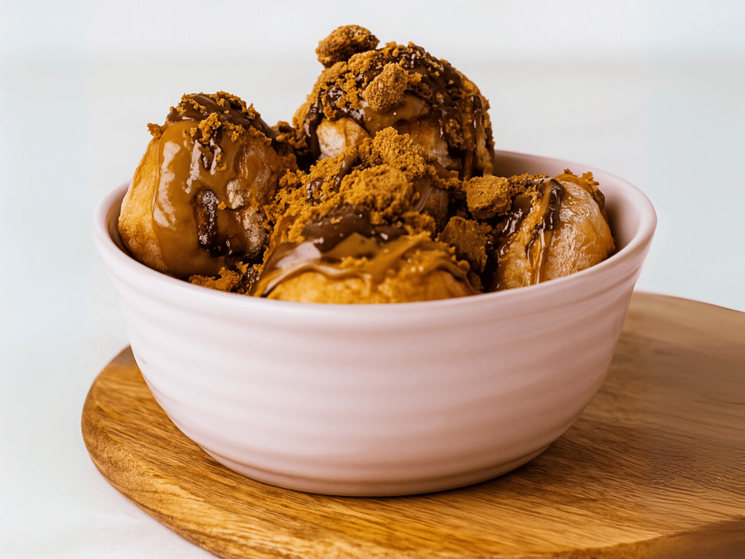 Biscoff-covered two-ingredient doughnuts topped with crushed Biscoff biscuits, melted chocolate, served in a pink bowl.