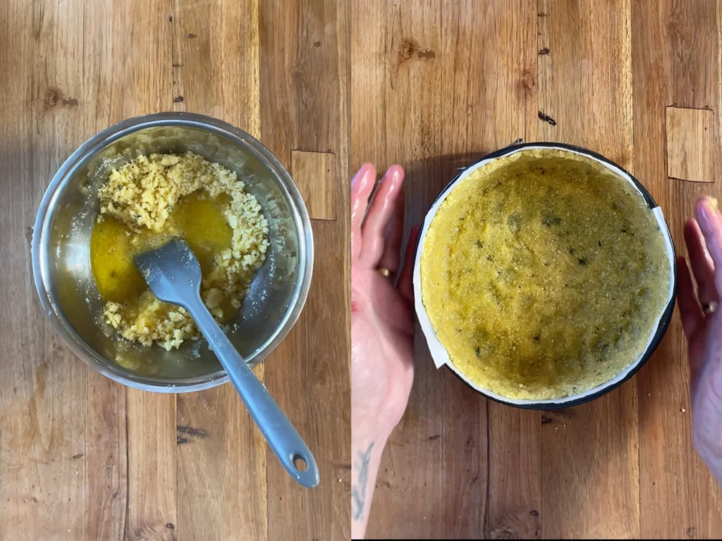Preparing a savoury cheesecake base with Parmesan, panko, and herbs, shown being mixed in a bowl and pressed into a springform tin.